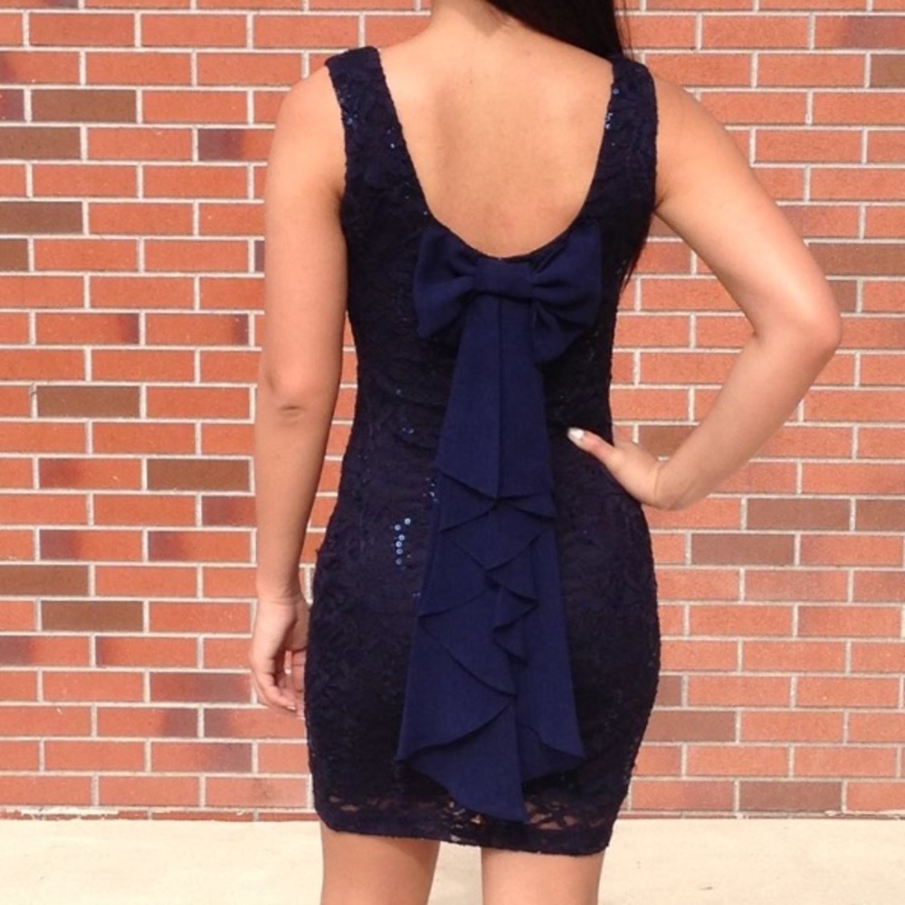 Dark Blue Sequin Lace Dress with Bow 🎀